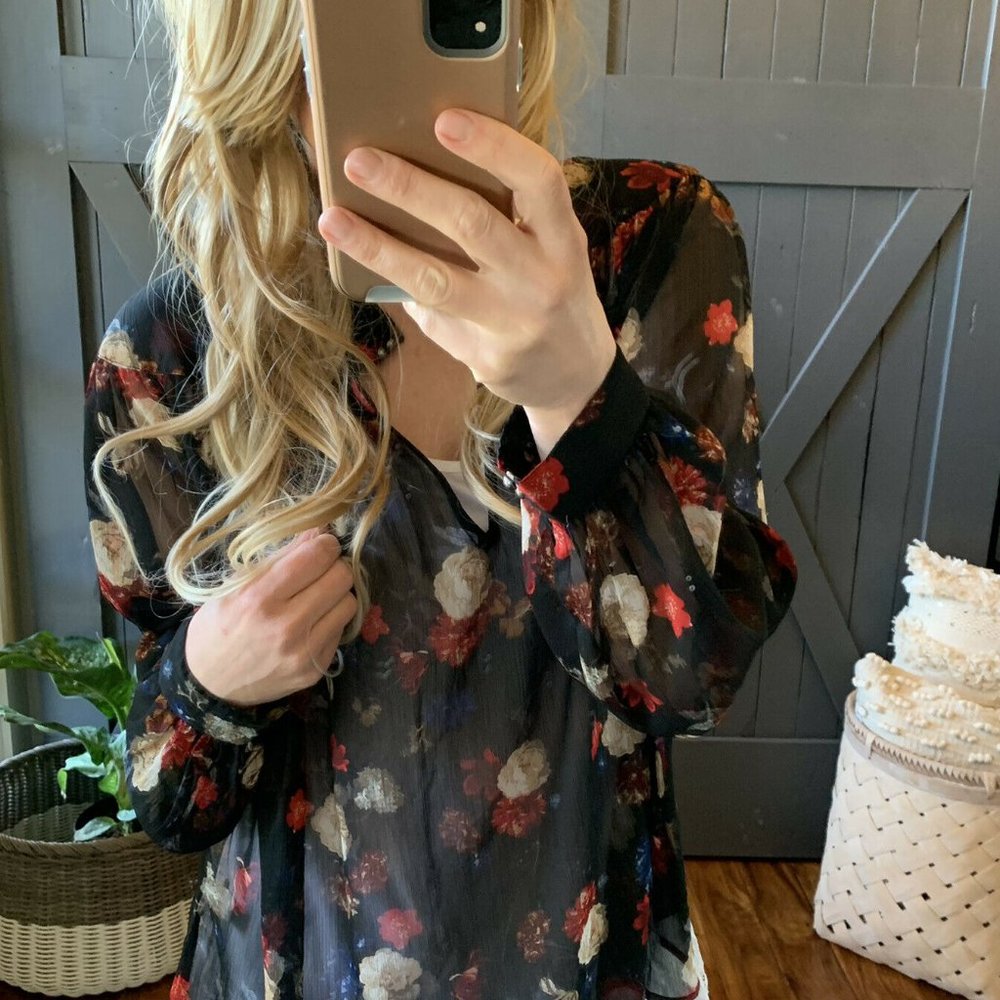 Darling Lucky Brand Floral Chiffon Black Blouse XL - Picture 2 of 8